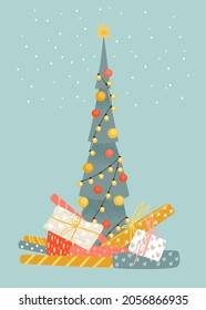 Christmas market illustration with fir tree and gifts. Preparing for the holidays card template