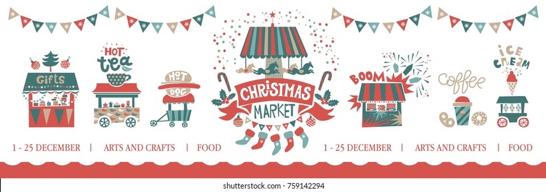 Christmas market illustration. Merry Christmas, Happy New Year on amusement park, winter market, festival, fair. Christmas tree, trucks with gifts and food, a Ferris wheel, garlands, horses carousel 