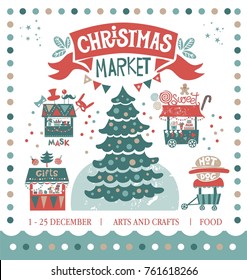 Christmas market illustration. Merry Christmas on amusement park poster design. Christmas market Shops and trucks with hot drinks, food, masks, gifts, Christmas tree. For posters, postcards, Sale