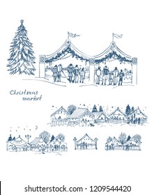 Christmas Market illustration, Christmas tree, visitors searching adornment, souvenirs, gifts