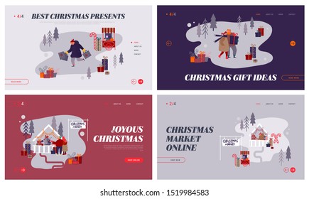 Christmas Market Internet advertisement. Set of Landing pages with People characters doing shopping on Xmas fair, buying festive gifts for New Year Party Website. Cartoon Flat Vector Illustration