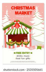 A Christmas market invitation template with a flat illustration. An illustration of a trading tent for the sale of Christmas gifts in pink and green shades.