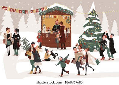 Christmas Market. Joyful People, Adults And Children, Walk, Talk, Buy Gifts At The Kiosk, Walk From The Christmas Tree, Drink Mulled Wine, Dance, Have Fun And Run. Cartoon, Vector Illustration.