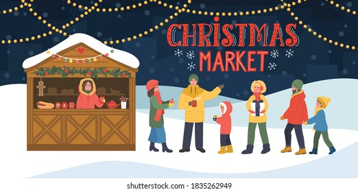 Christmas market. Kiosk of food and hot drinks. People walk, drink, celebrate and shopping in the evening city. Hand drawn lettering.