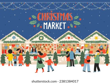 Christmas market. Kiosks of gifts, food and hot drinks. People walk,  eat, celebrate and shopping in the evening city with hand drawn lettering.