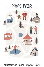 Christmas market map. Hand drawn vector illustration, fair flyer concept.