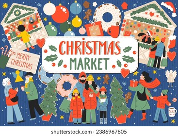 Weihnachtsmarkt. Frohe Weihnachten. Collage aus Kiosks, Geschenken, Essen, Familie, Menschen, Kinder, Senioren, Bäume, Bälle und heiße Getränke mit Hand-Schrift. Weihnachtsfest-Stimmungskonzept. 