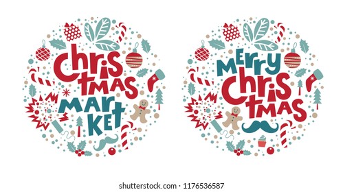 Christmas market and Merry Christmas Set with Christmas symbols of the holiday: gifts, masks, socks, man cookies, garland, sweets, holly, mustache, party poppers, sweets. Vector illustration