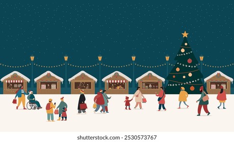 Christmas market at night. Kiosks of gifts, food and hot drinks. Happy people having fun. Banner or poster design with copy space. Flat vector illustration