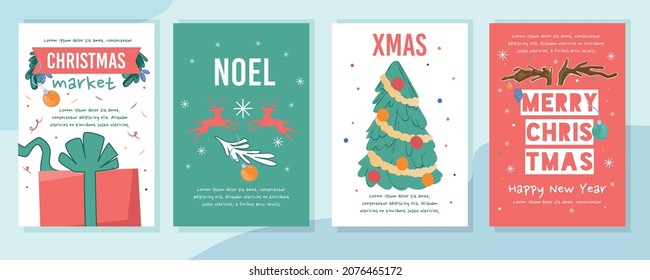 Christmas market, noel invitation, xmas greeting flyer or card template set vector illustration