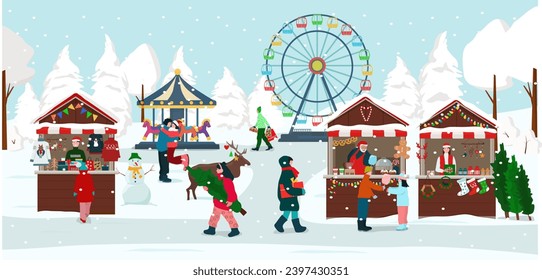 Christmas market on the street, kiosk, carousels, people with shopping. Preparing for the New Year. Vector illustration.