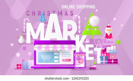Christmas Market Online Shopping Landing Page. E-commerce Fair Concept. Shopping Boxes and Bags near Big Laptop, Santa and Christmas Tree. Vector Illustration for Mobile Apps, Web Design.