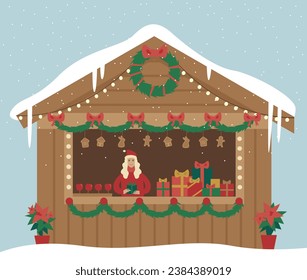 Christmas market pavilion with gift boxes apples and gingerbreads. Outdoor street market stall on december {mas fair. flat vector illustration.