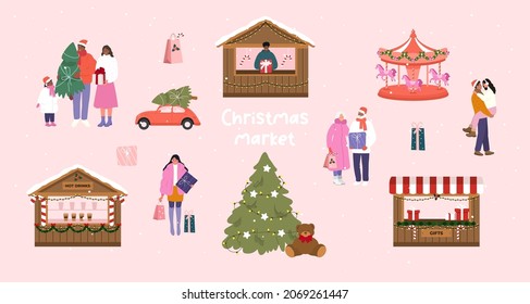 Christmas market. People buy christmas gifts. Vector