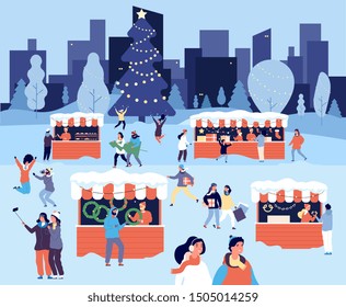 Christmas market. People buy snacks and gifts at stalls on city market square in evening. Winter holidays vector concept