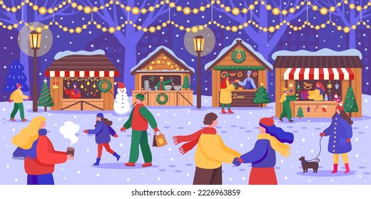 Christmas market with people shopping. Xmas fair, winter holidays lifestyle and customers buying food and gifts vector illustration. Couple, parent with kid walking on festive fair