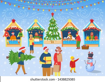 Christmas market with people a Christmas tree, carousel with horses and houses.Vector illustration in flat cartoon  style.