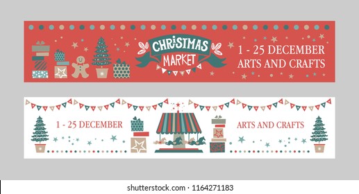 Christmas market poster Set. Christmas Market emblem, sign. Christmas market poster template. Illustration gift, cookie man, garlands, Christmas trees, garlands. For winter Seasons Greetings