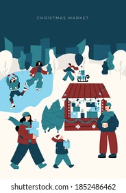 Christmas market poster template with hand drawn characters. Happy people walk between wooden kiosks and buy drinks, food and gifts. Holiday activities in winter town, ice skating. Vector illustration