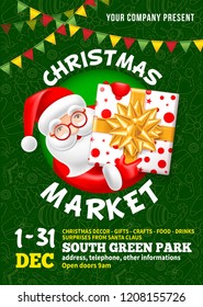 Christmas Market poster template. Xmas fair event advertising banner with Santa Claus holding a gift and space for text. Pattern with different elements of winter celebration. Vector illustration. 