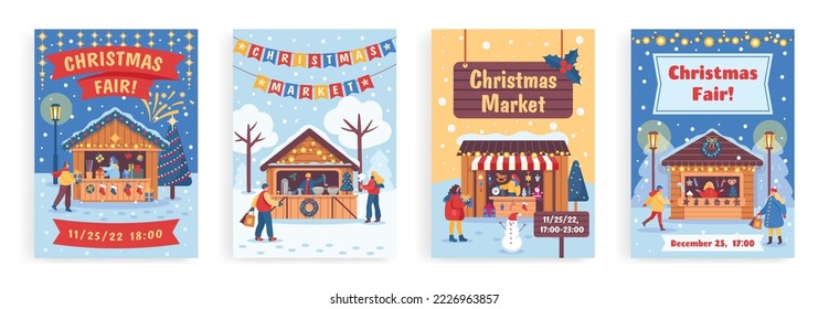 Christmas market posters. Xmas celebration marketing flyer, winter fair and holiday festival invitation vector set. Characters buying hot wine drink, presents and gingerbread cookies