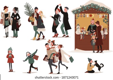 Christmas market. Set of icons. People, talk, buy gifts at the kiosk, walk from the Christmas tree, drink mulled wine, dance, run. Cartoon, vector illustration, isolated on white background.