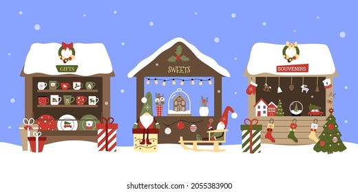 Christmas market set. Winter open-air festive fair. Showcase with gifts, Christmas dishes, sweets, gingerbread house, gnomes, souvenirs. Wooden house in the market is decorated with a garland, balls