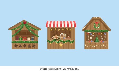 Christmas market set. Winter open-air festive fair. Showcase with gifts, Christmas dishes, sweets, gingerbread house, souvenirs. Wooden house in the market is decorated with garland and balls.