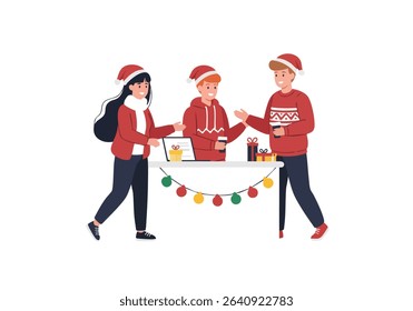 Christmas market shopping with friends wearing santa hats