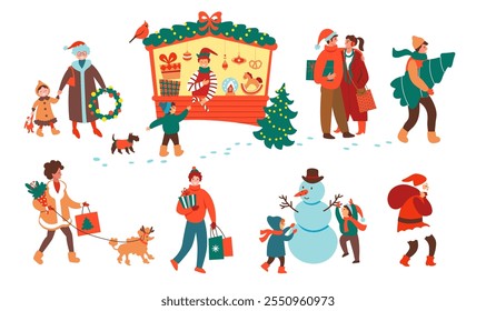 Christmas market. Shopping people. Family holidays time. Vector illustration for card, cover, seasonal decor