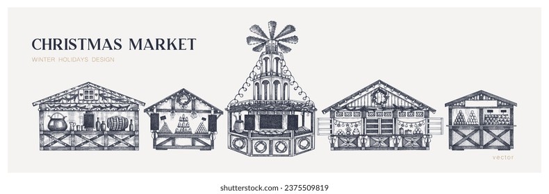 Christmas market sketches set. Hand drawn vector illustration. European traditional winter holiday marketplace design elements. Wooden stall kiosk, candy shop, bakery, fast food, mulled wine drawings