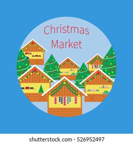 Christmas market with souvenir stalls, gift shops, christmas tree and text 