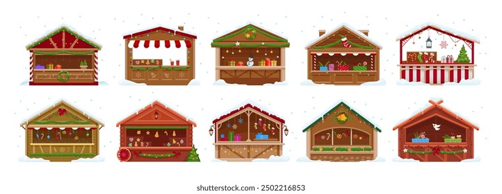 Puesto del mercado de Navidad, pueblo de feria de vacaciones de invierno con casas de madera, iconos vectoriales. Puesto de vendedores del mercado de Navidad y quioscos con decoraciones, galletas de jengibre, dulces y vino caliente