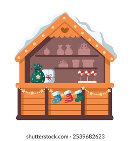 Christmas market stall with candies and gifts flat color vector object. Cute wooden kiosk offers festive products on white background