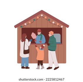 puesto en el mercado navideño. quiosco de Navidad con caramelos de algodón. Familia comprando hilos de algodón para un niño. Mercado invernal. Cabina de madera con tienda de regalos y artículos de recuerdo. 