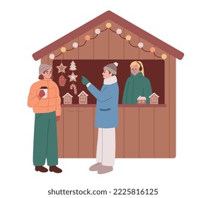 Christmas market stall. Christmas fair kiosk with gingerbread. Woman and man buying gingerbread and drinking coffee. Winter marketplace. Wooden booth gift shop with goods and souvenirs. 