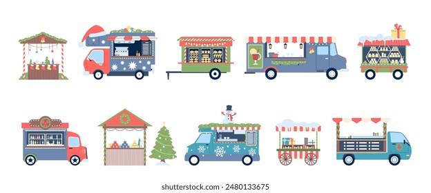 Christmas market stall. Flat outdoor shop kiosks and stalls. New year and winter holidays wooden stands with food, drinks presents, recent vector set