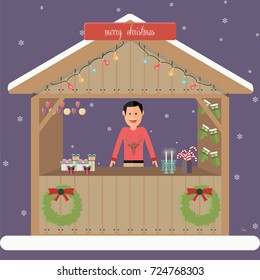 Christmas Market Stall Flat Vector Icon Design