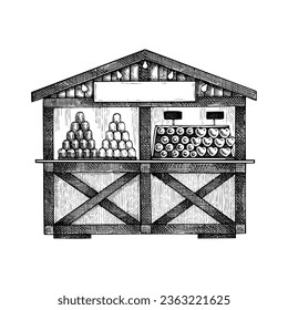 Christmas market stall kiosk sketch. Hand-drawn vector illustration. Traditional winter Christmas fair marketplace.  Wooden booth candy shop with sweets, pastries, garlands decoration