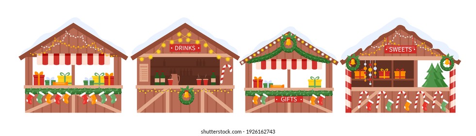 Christmas market stall kiosk vector illustration set. Cartoon traditional winter Christmas fair marketplace, wooden booth gift shop with souvenirs, garlands decoration, snow on roof isolated on white