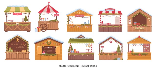 Christmas market stall kiosk vector set. Cartoon traditional winter fair marketplace, wooden booth gift shop with souvenirs, garlands decoration, snow on roof, candies and gift boxes, New Year trees