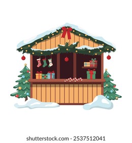 Christmas market stall with presents, fir trees, winter holiday fair with wooden booth. Vector illustration. Christmas market card. Isolated on white background