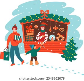 Christmas market stall with seller and customers and seasonal decoration. Store. Vector illustration for greeting, cover, poster and other decor. Trendy retro style.