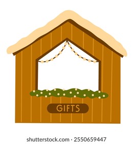 Christmas market stall. Wooden chalet, outdoor kiosk, shop. Winter holiday stand, wood booth with Xmas drink, food and gifts. Flat graphic vector illustrations isolated on white background