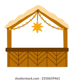 Christmas market stall. Wooden chalet, outdoor kiosk, shop. Winter holiday stand, wood booth with Xmas drink, food and gifts. Flat graphic vector illustrations isolated on white background
