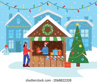 Christmas Market stall or wooden kiosk on town square. Winter New Year festive sale . Shop with gifts and clothes. Vector illustration .