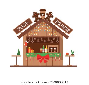 Christmas Market stall or wooden kiosk. Winter festive shop with food, drinks and gifts. Vector illustration isolated on white background.