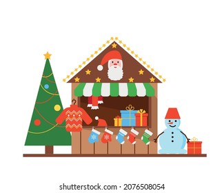 Christmas Market stall or wooden kiosk isolated on white background. Winter festive shop with gifts and clothes. Vector illustration .