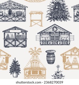 Christmas market stalls background. Hand drawn vector illustration. Winter holiday seamless pattern. Wooden kiosk, Christmas tree, candy shop, bakery, fast food, mulled wine sketches