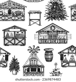 Christmas market stalls background. Hand drawn vector illustration. Winter holiday seamless pattern. Wooden kiosk, Christmas tree, candy shop, bakery, fast food, mulled wine sketches